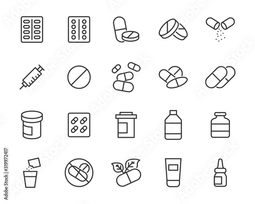 set of medicine icons, pills, pharmacy, capsule, tablet