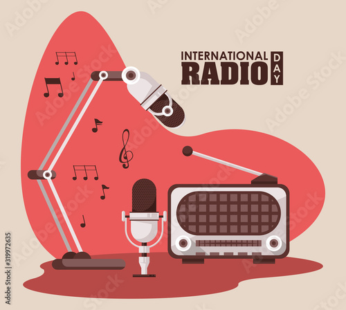 international radio day poster with retro aparatus