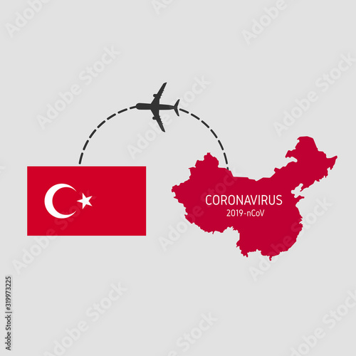 MERS-Cov (middle East respiratory syndrome coronavirus), Novel coronavirus (2019-nCoV), icon of departure of coronavirus-charged plane from China and arriving in Turkey. pandemic concept