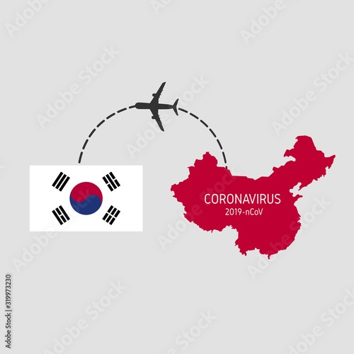 MERS-Cov (middle East respiratory syndrome coronavirus), Novel coronavirus (2019-nCoV), icon of departure of coronavirus-charged plane from China and arriving in Korea. pandemic concept