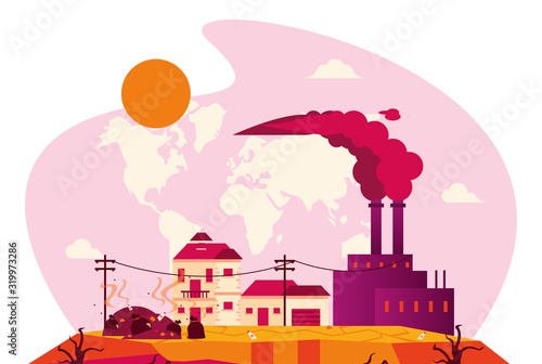 global warming alert with polluting factory