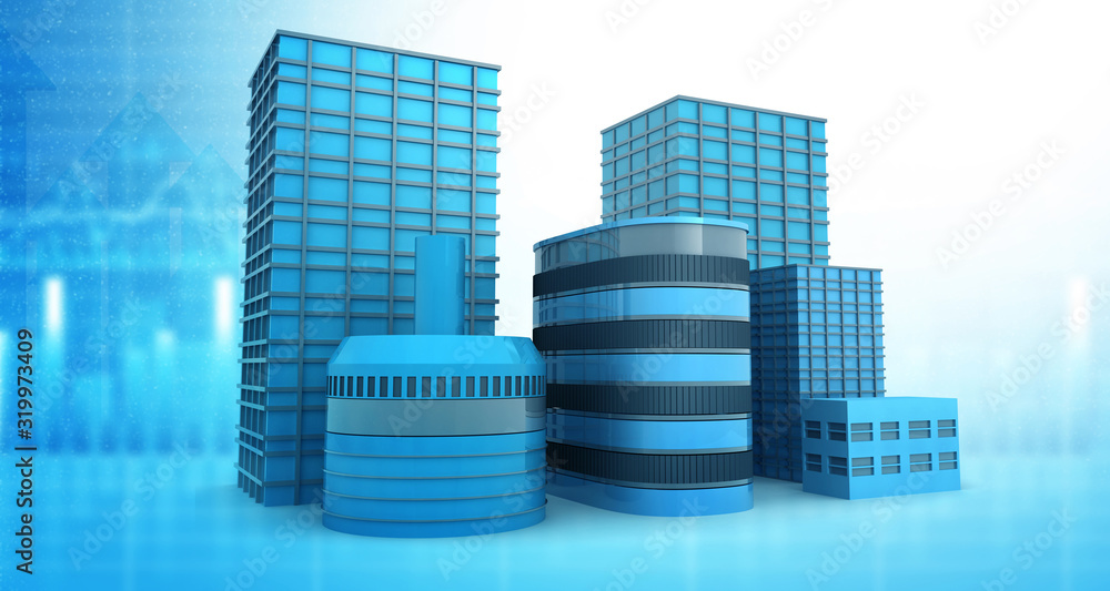 City building with stock market background. 3d illustration.