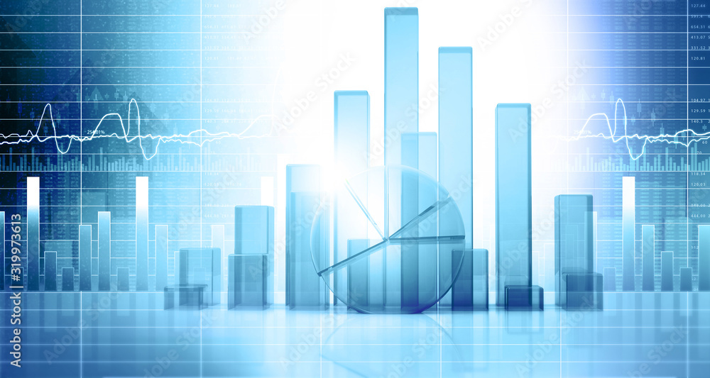 Stock market charts and graphs background. 3d illustration.