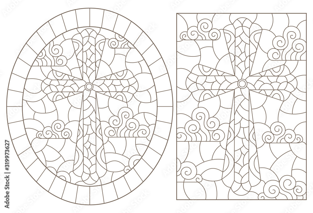 A set of contour illustrations in stained glass style with Christian crosses on a cloudy sky background , dark contours on a white background