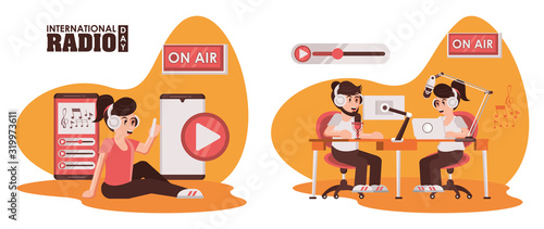 international radio day poster with announcers characters