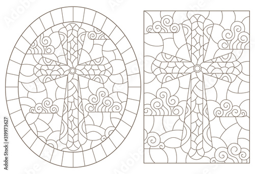 A set of contour illustrations in stained glass style with Christian crosses on a cloudy sky background , dark contours on a white background