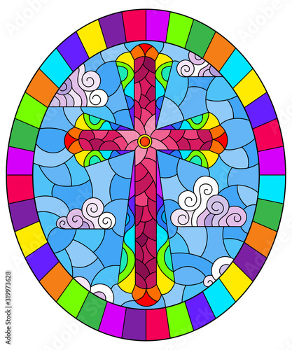 Illustration in stained glass style with bright cross on a background of blue sky and clouds,oval image in bright frame