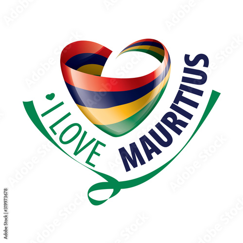 National flag of the Mauritius in the shape of a heart and the inscription I love Mauritius. Vector illustration photo