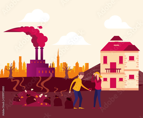 global warming alert with people and polluting factory