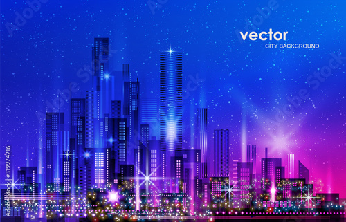 City Skyline Night cityscape with illuminated buildings and road, illustration with architecture, skyscrapers, megapolis, buildings, downtown.
