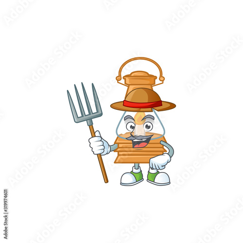 Cute Farmer oil lamp cartoon mascot with hat and tools