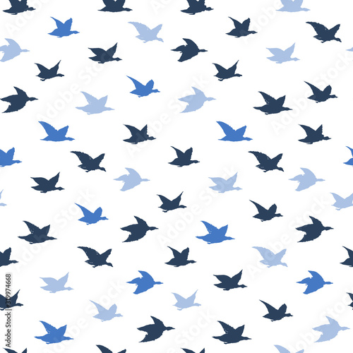 Blue Crane Birds Japanese Seamless Pattern with Simple Birds Silhouettes for pillows print design, wallpapers, backdrops or fabric textile. Flying elegant swallows, white blackground