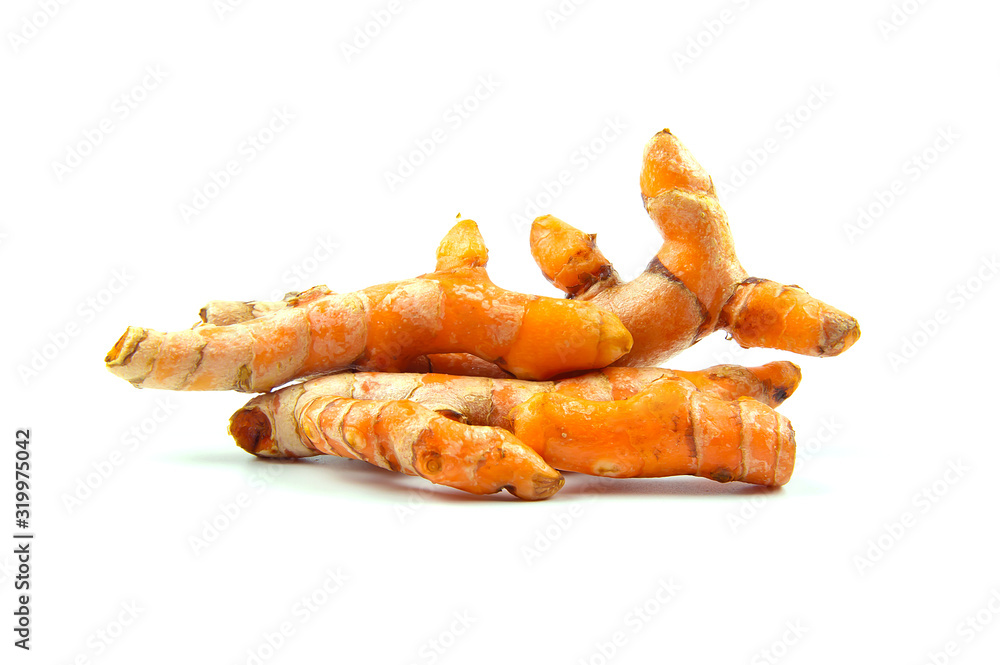Raw turmeric (Curcuma longa Linn) ingredients for making herbal medicine isolated on white background. Raw turmeric (Curcuma longa Linn) ingredients for making herbal medicine isolated on white background.