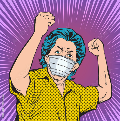 Old women are comfortable using the anti-pollution mask. Pop art  retro vector illustration comic. Separate images of people from the background.