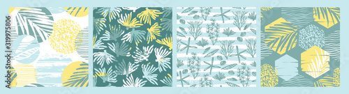 Trendy sea seamless patterns with hand drawn texture. Vector