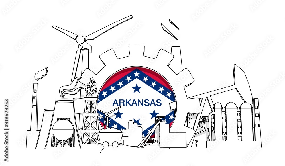 Fototapeta premium Energy and power industrial concept. Gear with flag of the Arkansas. Energy generation and heavy industry. 3D rendering. Thin line style