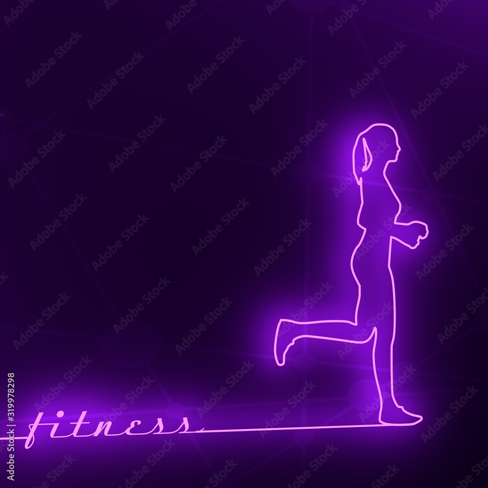 Running woman. Side view silhouette. Sport and recreation concept. 3D rendering. Neon shine