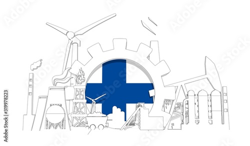 Energy and power industrial concept. Gear with flag of the Finland. Energy generation and heavy industry. 3D rendering. Thin line style