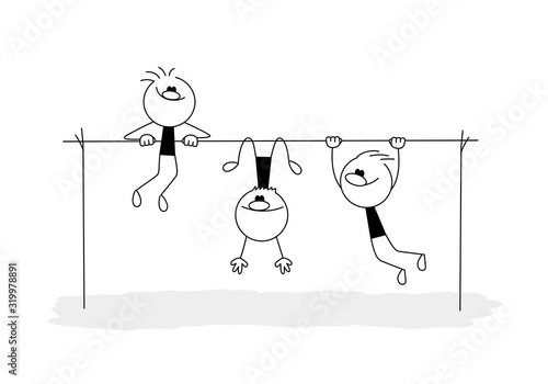 Doodle stick figure: Sporty men hanging on horizontal bar. Hand drawn cartoon vector illustration for business and school design.