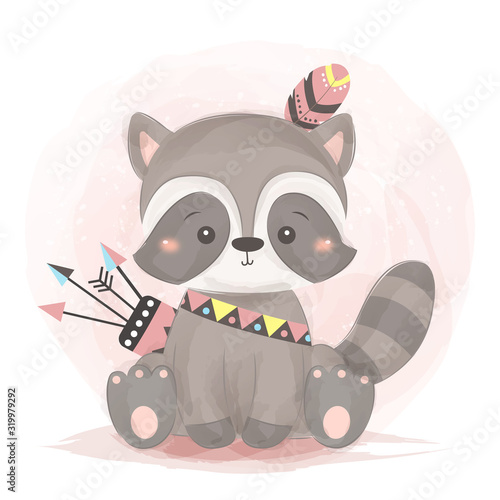 cute boho racoon illustration, animal illustration, nursery art