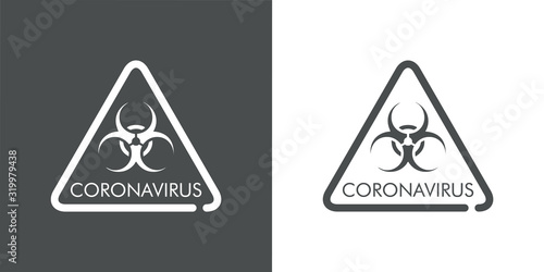 Señal de peligro biológico. Icono lineal señal de tráfico triangular con símbolo biohazard y texto CORONAVIRUS en fondo gris y fondo blanco