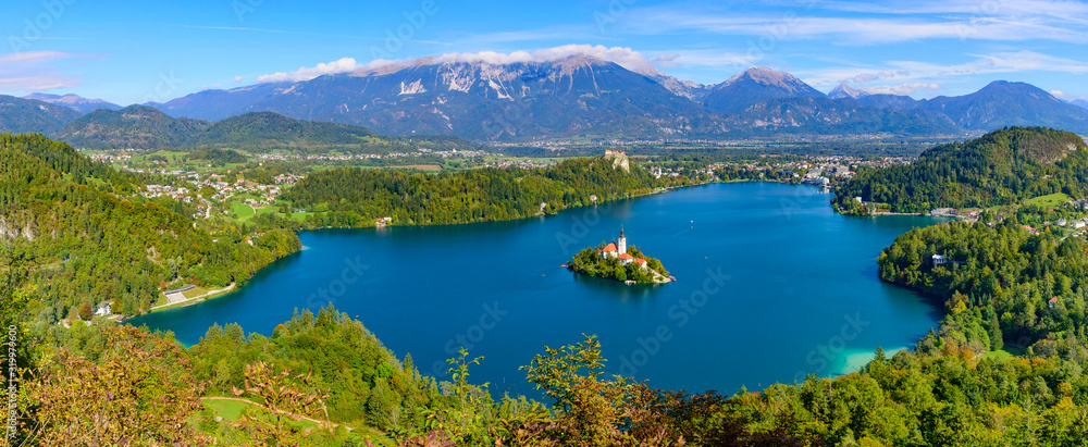 Panoramic view of Lake Bled, a popular tourist destination in Slovenia