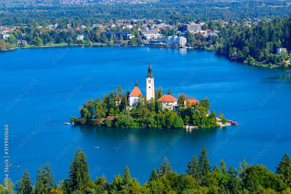 Aerial view of Bled Island and Lake Bled from Osojnica Hill, a popular tourist destination in Slovenia