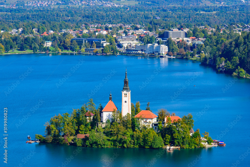 Aerial view of Bled Island and Lake Bled from Osojnica Hill, a popular tourist destination in Slovenia
