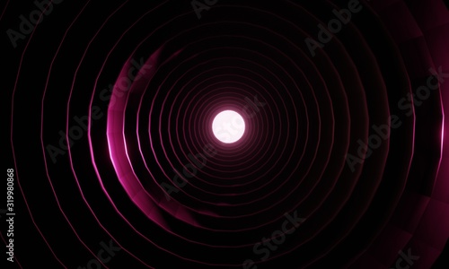 3d render of dark black tunnel made of circles leading to a bright pink glowing light which shines against the spirals