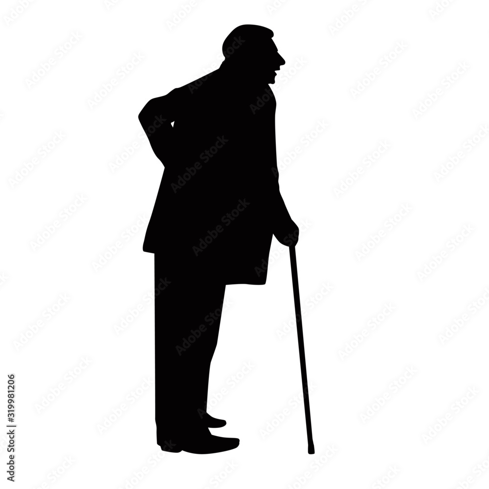 Old Man Using Cane Walking Stick Silhouette