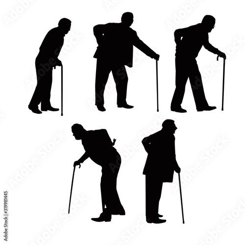 Old Man Using Cane Walking Stick Silhouettes