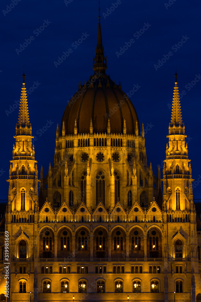 Hungarian Parliament Building Dome at night.