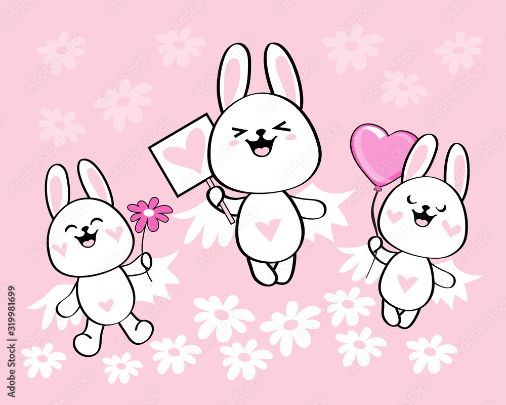 Greeting card with three romantic bunnies for Valentine's day on a pink background Greeting card with three romantic bunnies for Valentine's day on a pink background