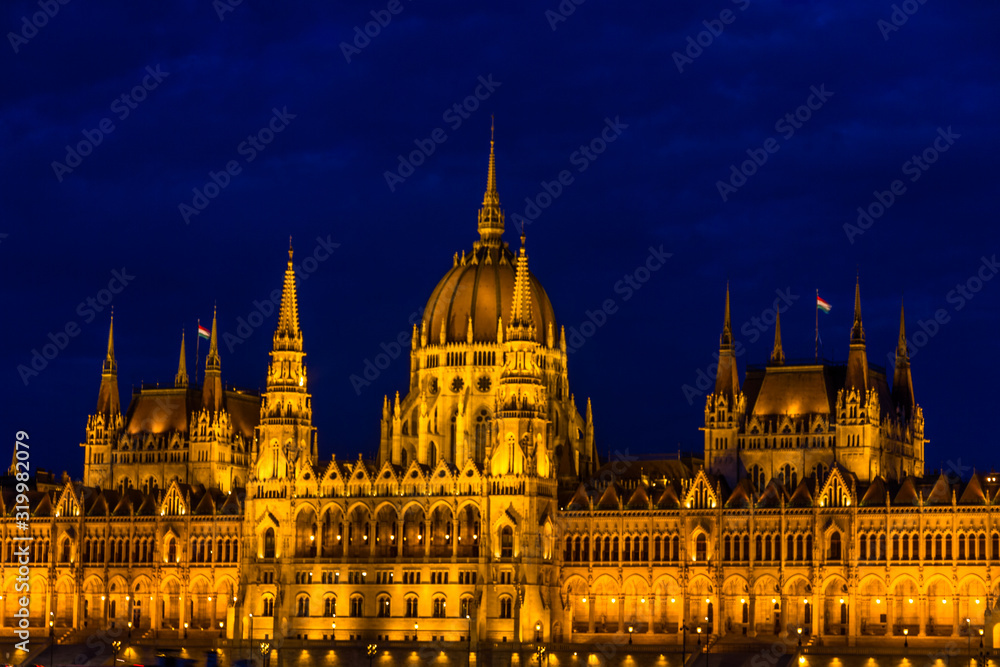 Hungarian Parliament Building at night.
