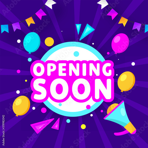 Sticker Style Opening Soon Text with Loudspeaker, Balloons and Bunting Flags on Purple Rays Background.
