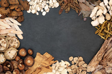 Chinese herbs used in traditional herbal medicine forming an abstract border on slate background with copy space.