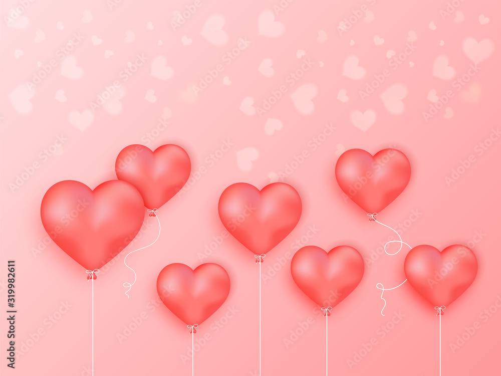 Glossy Heart Balloons on Light Red Background.