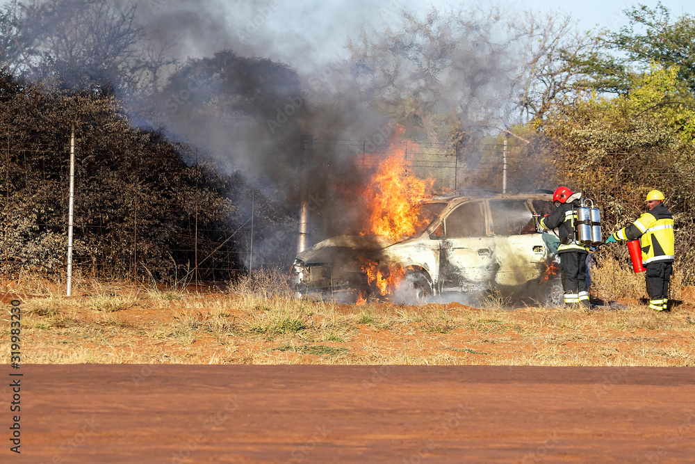 Fototapeta premium firefighters extinguishing car