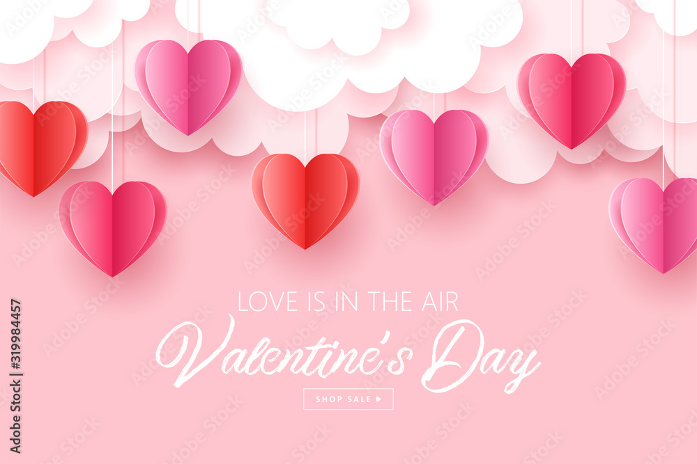 Valentines day sale banner template for social media advertising, invitation or poster design with paper art heart shapes and envelope background.