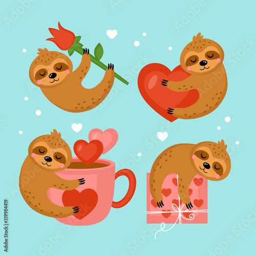 Cute sloth character set for Valentines day holiday. Vector illustration