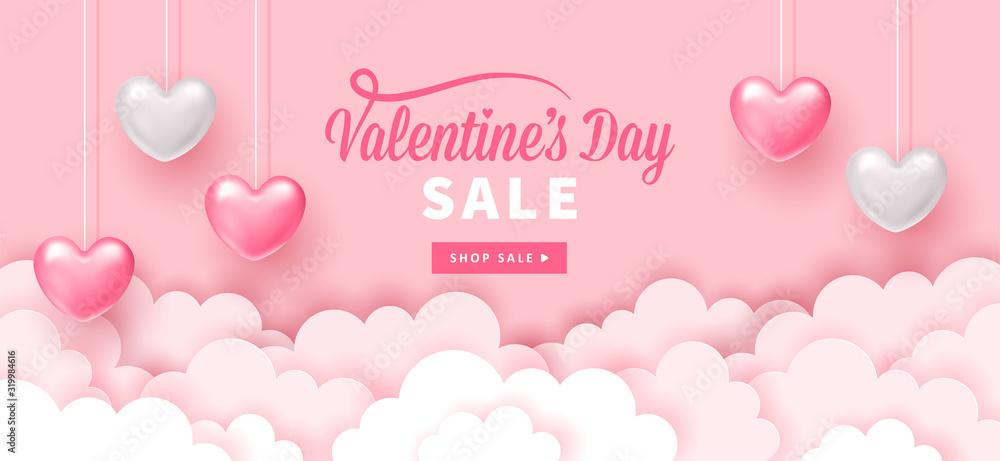 Valentines day holiday banner design with paper cut clouds and realistic heart shapes.