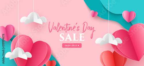 Valentine's day holiday sale banner template for social media advertising, invitation or poster design with paper art cut heart shapes.