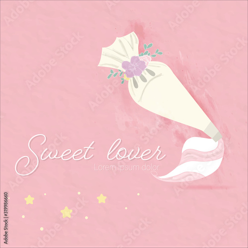 sweet piping cream decorate with pastel flowers.background pink paper vintage cute style.beautiful bakery idea design.nice frame for cafe and food school promote.cupcake and cake lover are happy. 