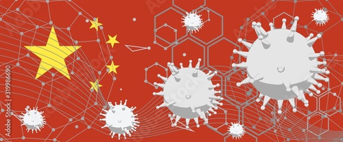 Abstract viruses. Virus epidemic danger relative illustration. Medical research theme. Flag of the China