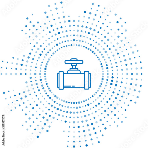 Blue line Industry metallic pipes and valve icon isolated on white background. Abstract circle random dots. Vector Illustration