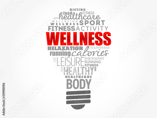 Wellness light bulb word cloud collage, health concept background