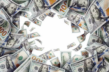 flying money american one hundred dollar bills white background