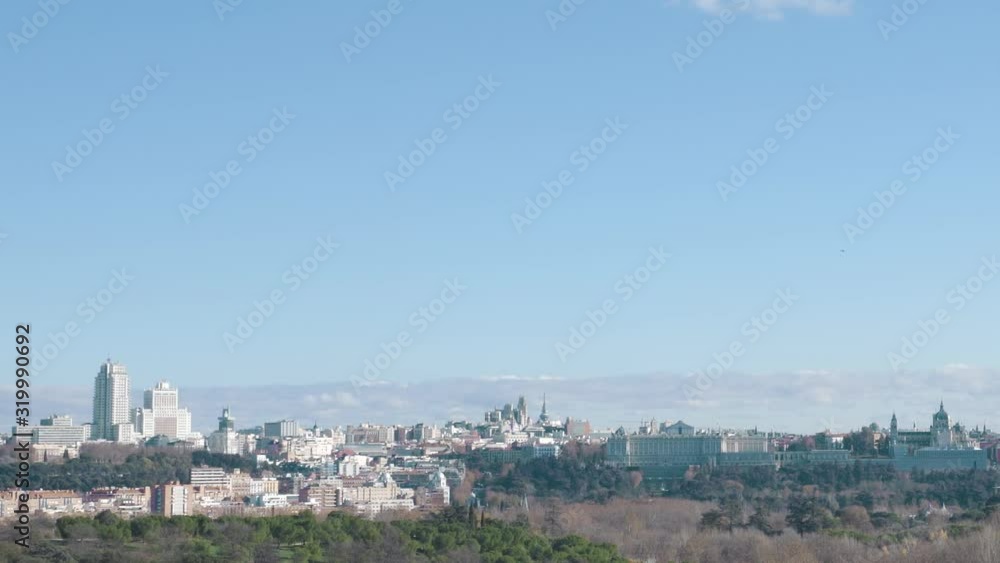 Madrid, Spain. City skyline with the Cathedral de la Almudena and Madrid Royal Palace.Panning left to right Madrid, Spain. City skyline with the Cathedral de la Almudena and Madrid Royal Palace.Panning left to right