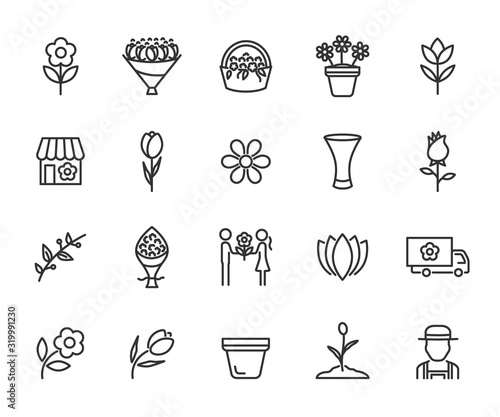 Vector set of flower line icons. Contains icons of bouquet, flower shop, tulips, rose, flower basket, vase, gardener and more. Pixel perfect.