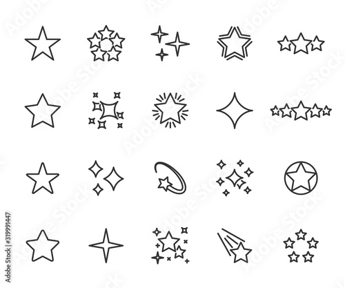 Vector set of star line icons. Contains icons of five stars, sparkle, twinkle, rating, falling star, starry night and more. Pixel perfect.